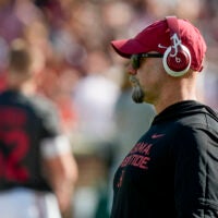 Nov 15, 2025; Tuscaloosa, Alabama, USA; Alabama offensive coordinator Ryan Grubb watches the Crimson Tide stretch before the game with Oklahoma at Saban Field at Bryant-Denny Stadium at Saban Field at Bryant-Denny Stadium.