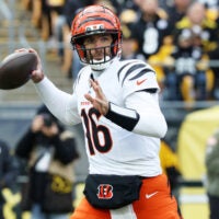 Nov 16, 2025; Pittsburgh, Pennsylvania, USA; Cincinnati Bengals quarterback Joe Flacco (16) passes the ball against the Pittsburgh Steelers during the first half at Acrisure Stadium.
