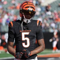 Nov 23, 2025; Cincinnati, Ohio, USA; Cincinnati Bengals wide receiver Tee Higgins (5) warms up before a game against the New England Patriots at Paycor Stadium.