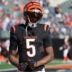 Nov 23, 2025; Cincinnati, Ohio, USA; Cincinnati Bengals wide receiver Tee Higgins (5) warms up before a game against the New England Patriots at Paycor Stadium.