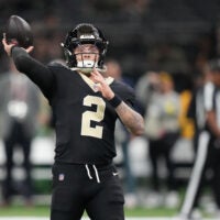 Nov 23, 2025; New Orleans, Louisiana, USA; New Orleans Saints quarterback Spencer Rattler (2) warms up prior to a game against the Atlanta Falcons at Caesars Superdome.