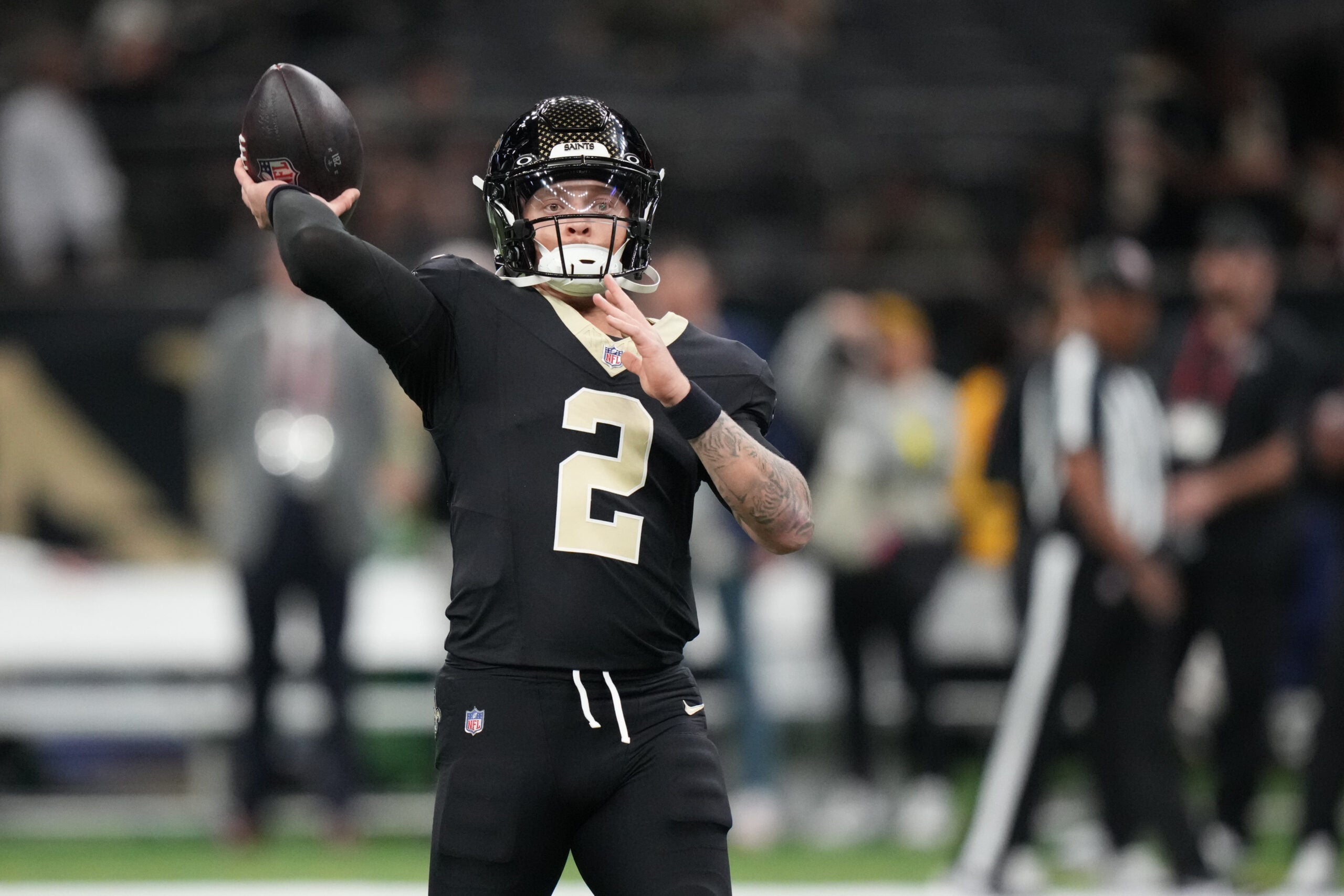 Nov 23, 2025; New Orleans, Louisiana, USA; New Orleans Saints quarterback Spencer Rattler (2) warms up prior to a game against the Atlanta Falcons at Caesars Superdome.