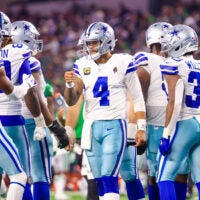 Nov 23, 2025; Arlington, Texas, USA; Dallas Cowboys quarterback Dak Prescott (4) greets Dallas Cowboys wide receiver George Pickens (3) during the game against the Philadelphia Eagles at AT&T Stadium.