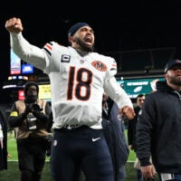 Nov 28, 2025; Philadelphia, Pennsylvania, USA; Chicago Bears quarterback Caleb Williams (18) celebrates after the game against the Philadelphia Eagles at Lincoln Financial Field.