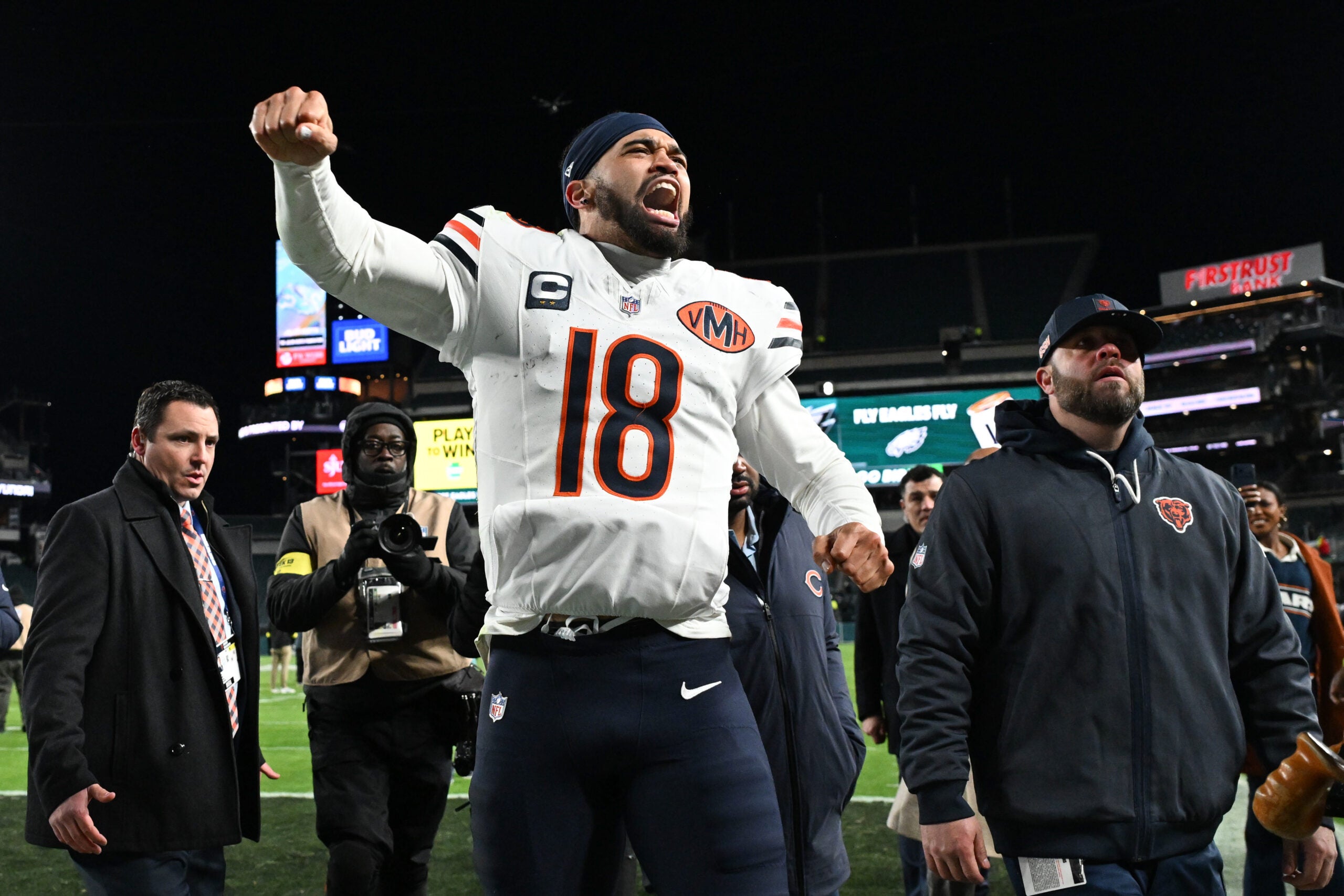 Nov 28, 2025; Philadelphia, Pennsylvania, USA; Chicago Bears quarterback Caleb Williams (18) celebrates after the game against the Philadelphia Eagles at Lincoln Financial Field.