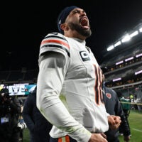 Nov 28, 2025; Philadelphia, Pennsylvania, USA; Chicago Bears quarterback Caleb Williams (18) celebrates after the game against the Philadelphia Eagles at Lincoln Financial Field.