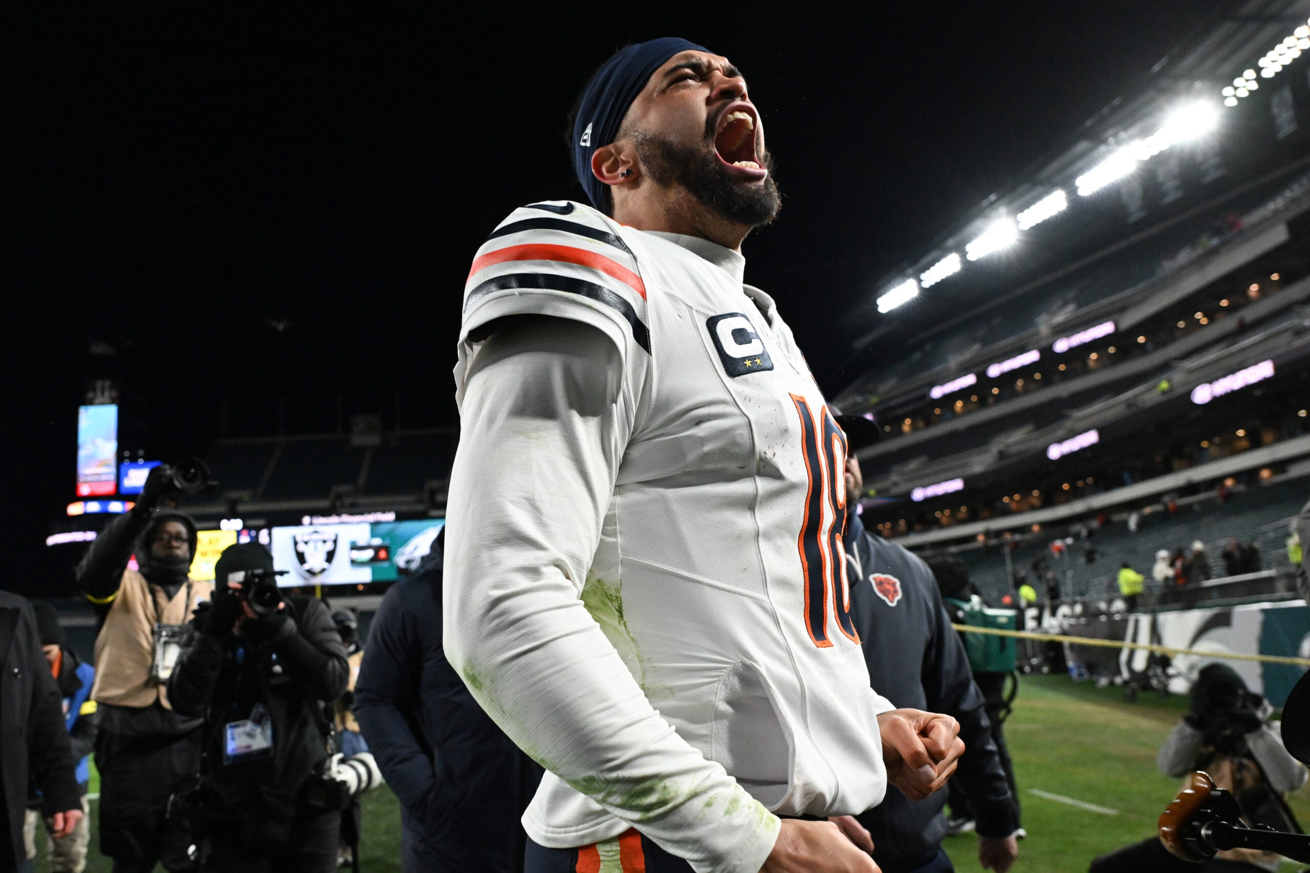 Nov 28, 2025; Philadelphia, Pennsylvania, USA; Chicago Bears quarterback Caleb Williams (18) celebrates after the game against the Philadelphia Eagles at Lincoln Financial Field.