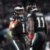 Nov 28, 2025; Philadelphia, Pennsylvania, USA; Philadelphia Eagles quarterback Jalen Hurts (1) and wide receiver A.J. Brown (11) celebrate their touchdown connection against the Chicago Bears at Lincoln Financial Field.