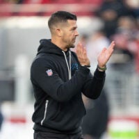 November 24, 2025; Santa Clara, California, USA; Carolina Panthers head coach Dave Canales before the game against the San Francisco 49ers at Levi's Stadium.