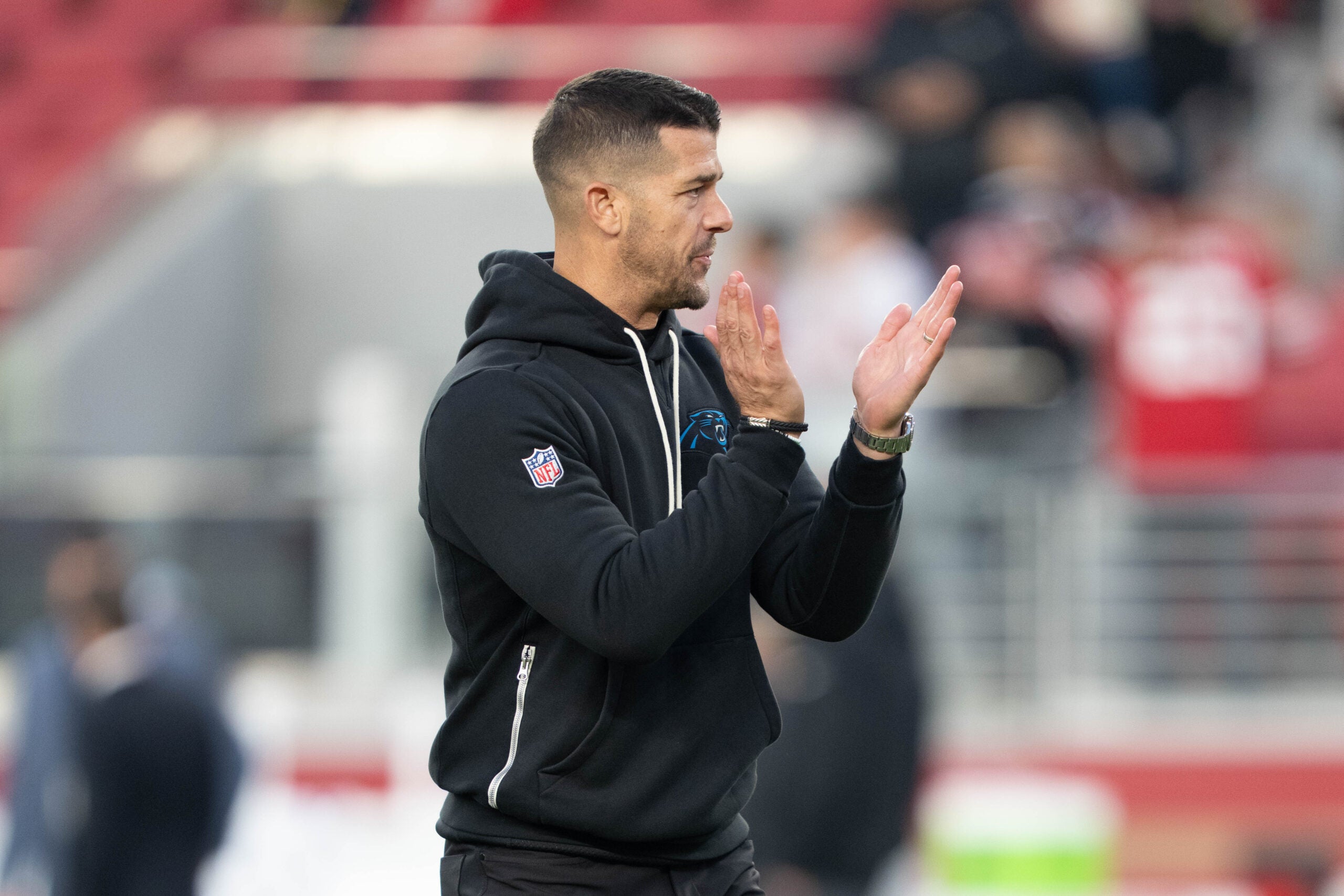 November 24, 2025; Santa Clara, California, USA; Carolina Panthers head coach Dave Canales before the game against the San Francisco 49ers at Levi's Stadium.