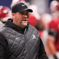 Dec 6, 2025; Atlanta, GA, USA; Alabama Crimson Tide defensive coordinator Kane Wommack looks on before the game against the Georgia Bulldogs during the 2025 SEC Championship game at Mercedes-Benz Stadium