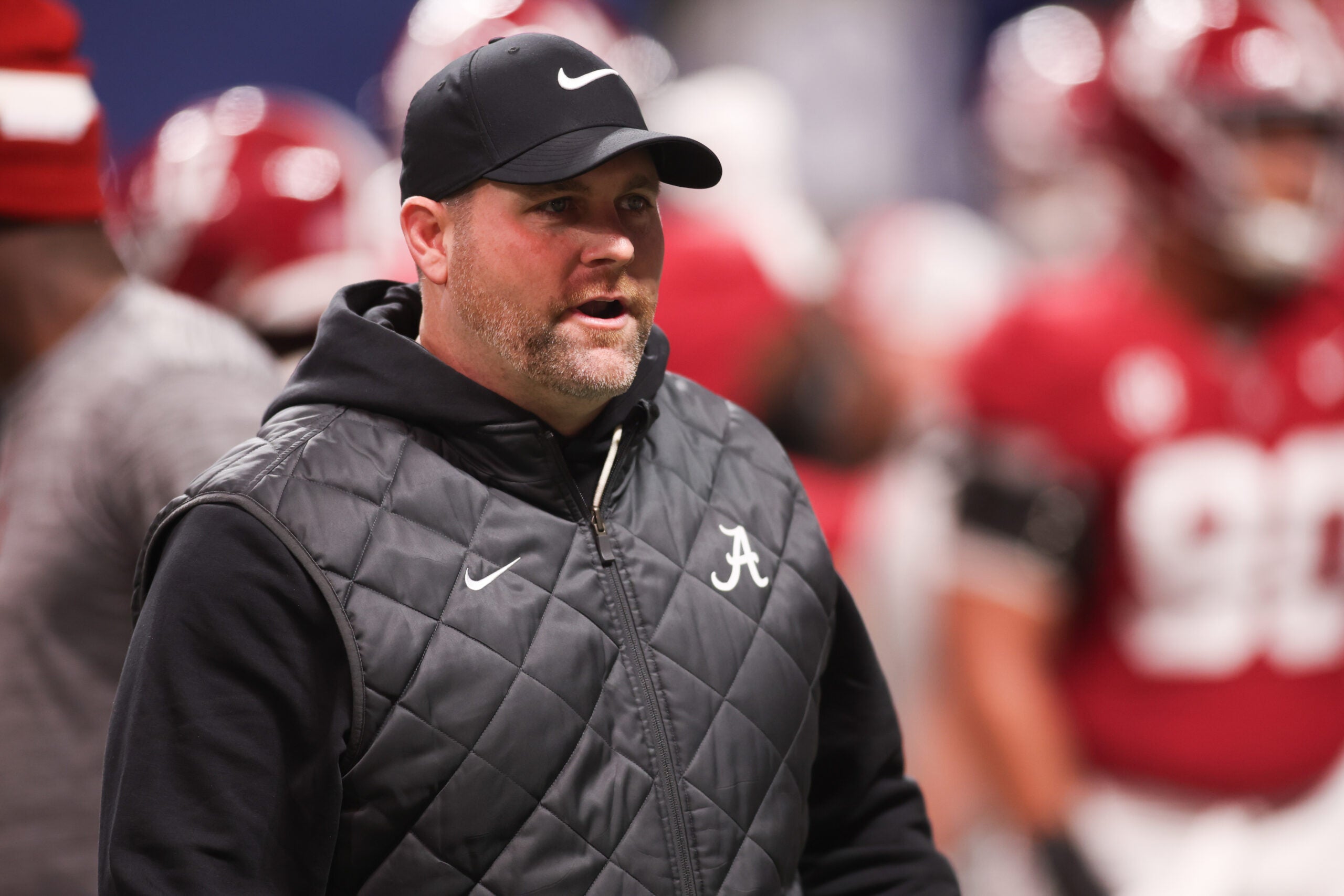 Dec 6, 2025; Atlanta, GA, USA; Alabama Crimson Tide defensive coordinator Kane Wommack looks on before the game against the Georgia Bulldogs during the 2025 SEC Championship game at Mercedes-Benz Stadium