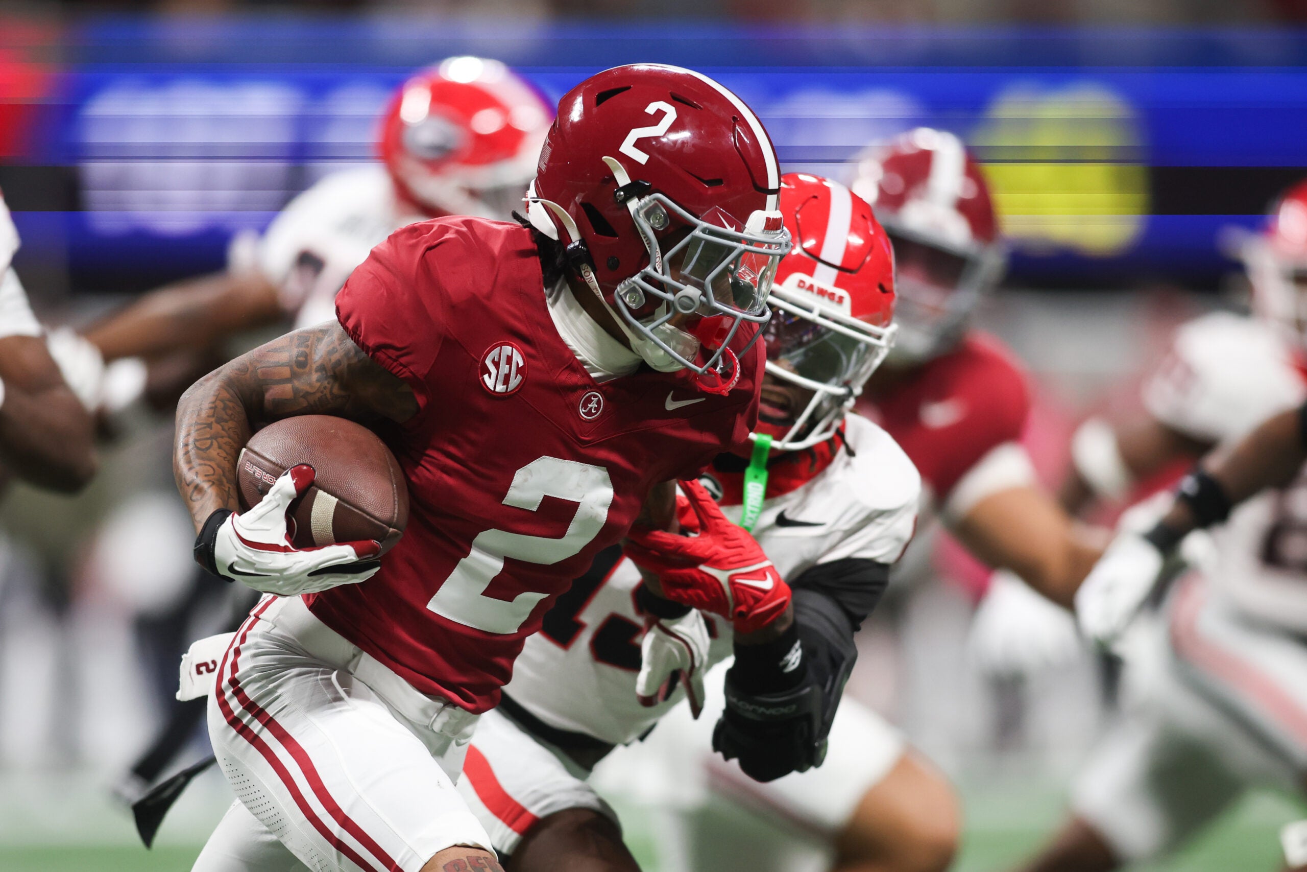 Dec 6, 2025; Atlanta, GA, USA; Alabama Crimson Tide wide receiver Ryan Williams (2) runs after making a catch during the second quarter against the Georgia Bulldogs during the 2025 SEC Championship game at Mercedes-Benz Stadium.