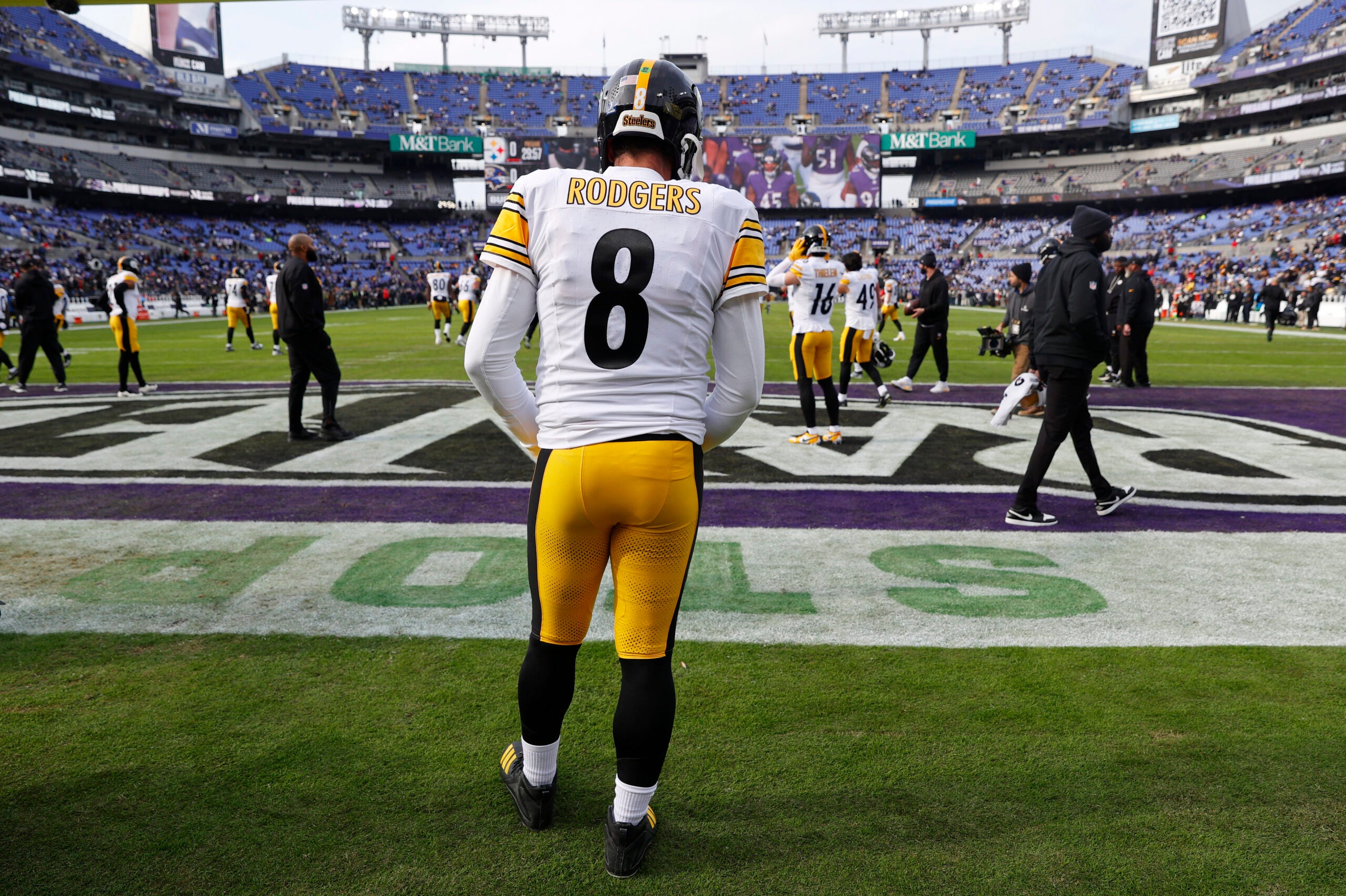 Dec 7, 2025; Baltimore, Maryland, USA; Pittsburgh Steelers quarterback Aaron Rodgers (8) looks on during warmups before the game between the Pittsburgh Steelers and Baltimore Ravens at M&T Bank Stadium.