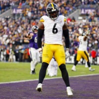 Dec 7, 2025; Baltimore, Maryland, USA; Pittsburgh Steelers linebacker Patrick Queen (6) reacts after a defensive stop against the Baltimore Ravens during the second half at M&T Bank Stadium.