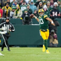 Dec 7, 2025; Green Bay, Wisconsin, USA; Green Bay Packers quarterback Jordan Love (10) throws in the first quarter against the Chicago Bears at Lambeau Field.