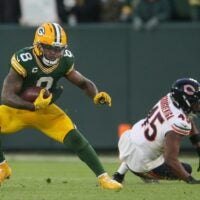 Green Bay Packers running back Josh Jacobs (8) against the Chicago Bears on Sunday, December 7, 2025, at Lambeau Field in Green Bay, Wis. The Packers defeated the Bears 28-21.