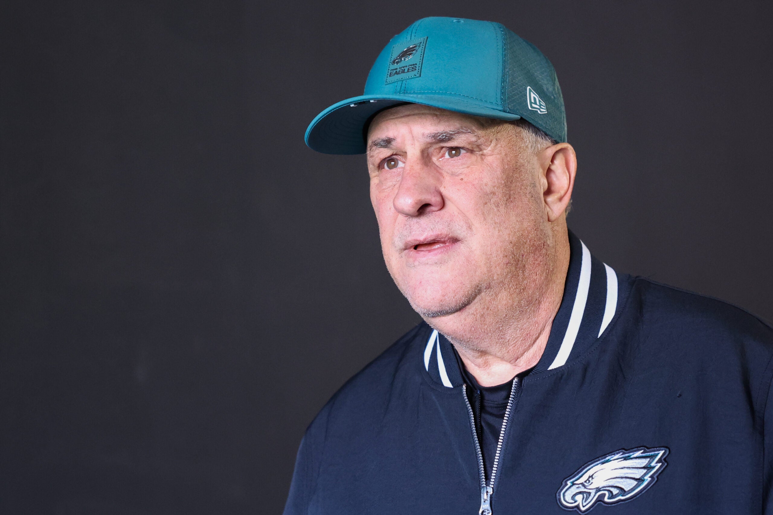 Dec 14, 2025; Philadelphia, Pennsylvania, USA; Philadelphia Eagles defensive coordinator Vic Fangio walks onto the field before the game against the Las Vegas Raiders at Lincoln Financial Field.