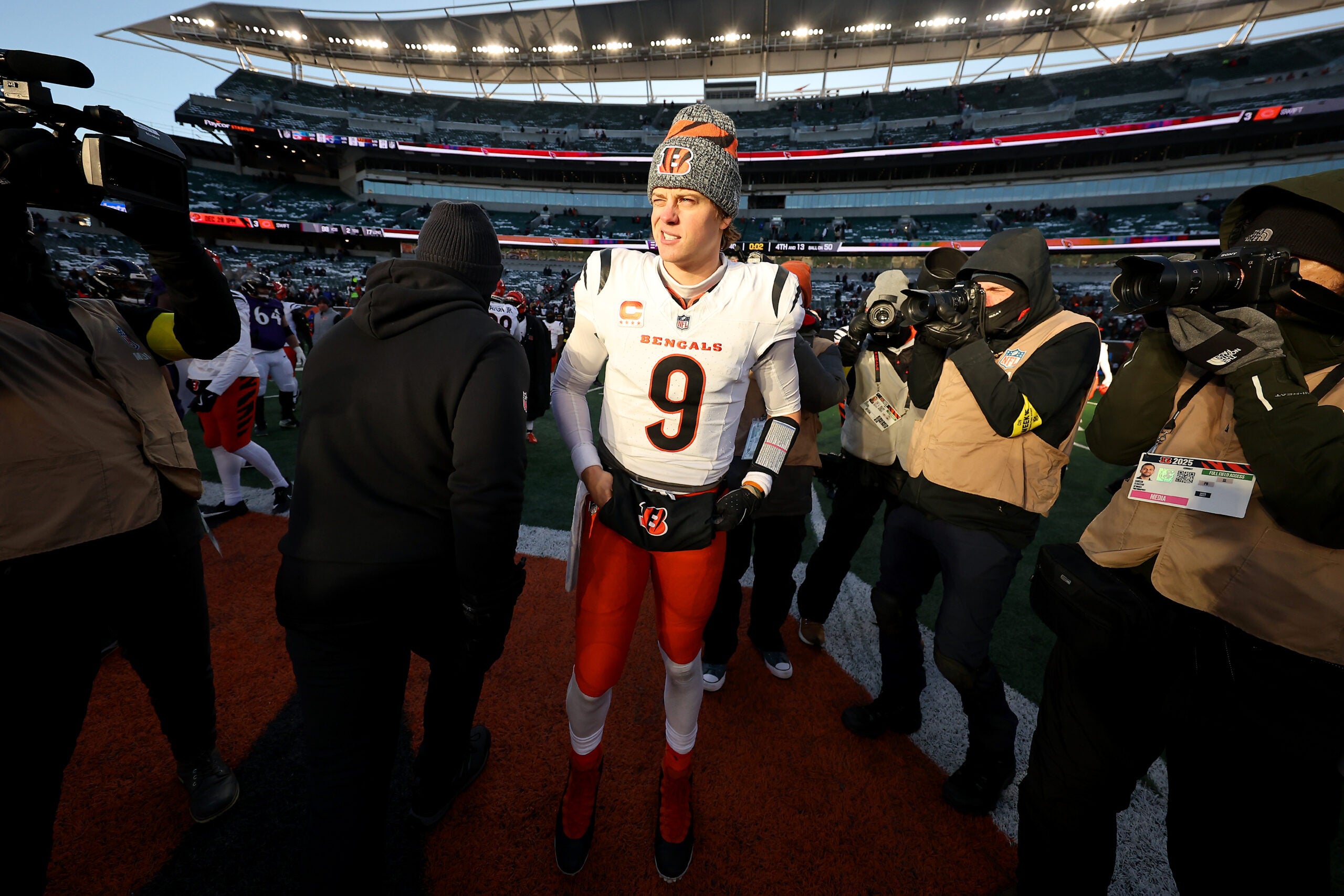 Dec 14, 2025; Cincinnati, Ohio, USA; Cincinnati Bengals quarterback Joe Burrow (9) looks on after the game against the Baltimore Ravens at Paycor Stadium.
