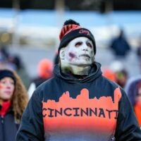 Cold Bengals fans look on in the fourth quarter of the NFL Week 15 game between the Cincinnati Bengals and the Baltimore Ravens at Paycor Stadium in Cincinnati on Sunday, Dec. 14, 2025. The Bengals were shut out, 24-0.