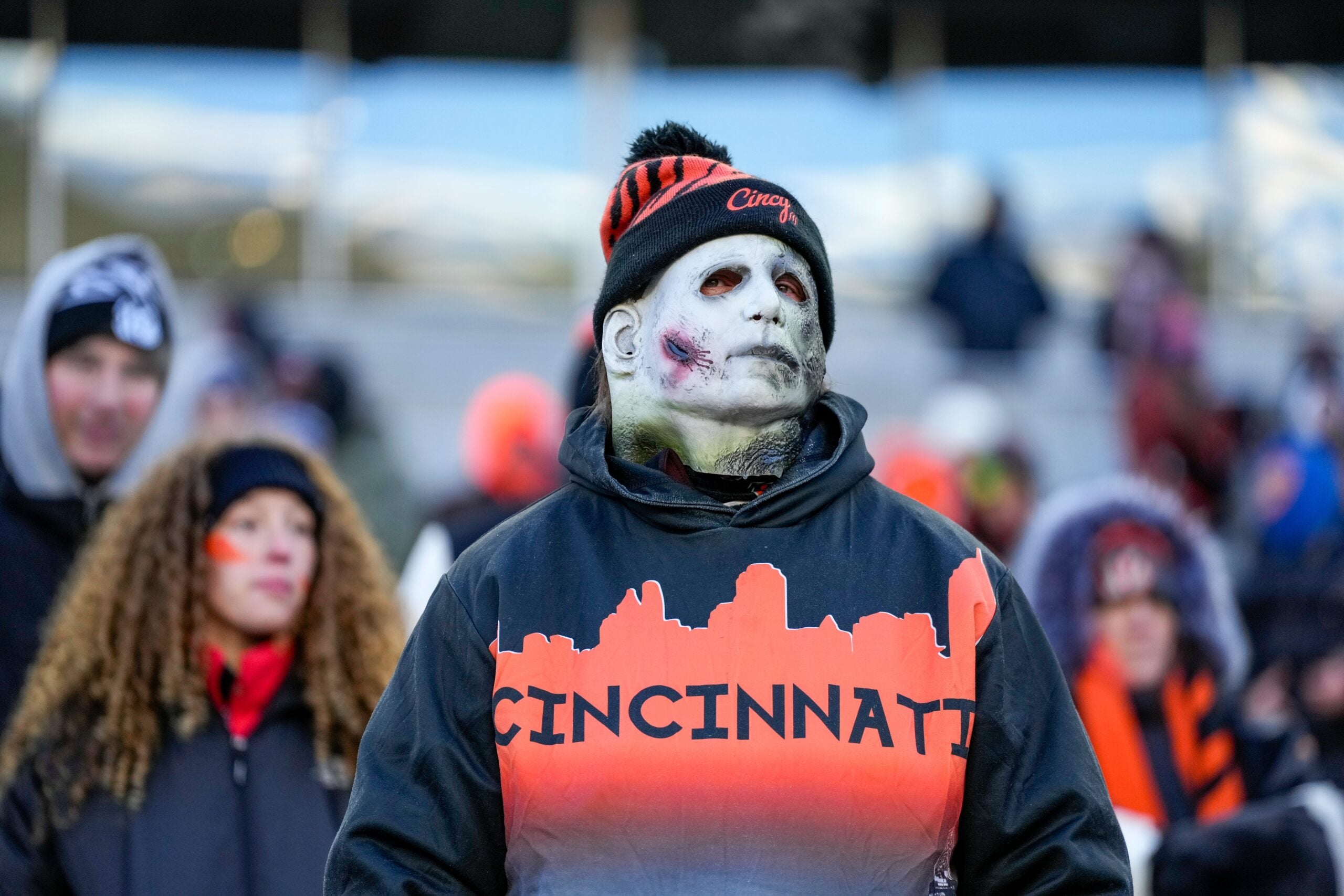 Cold Bengals fans look on in the fourth quarter of the NFL Week 15 game between the Cincinnati Bengals and the Baltimore Ravens at Paycor Stadium in Cincinnati on Sunday, Dec. 14, 2025. The Bengals were shut out, 24-0.
