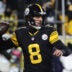 Dec 15, 2025; Pittsburgh, Pennsylvania, USA; Pittsburgh Steelers quarterback Aaron Rodgers (8) looks to throw in the second quarter against the Miami Dolphins at Acrisure Stadium.