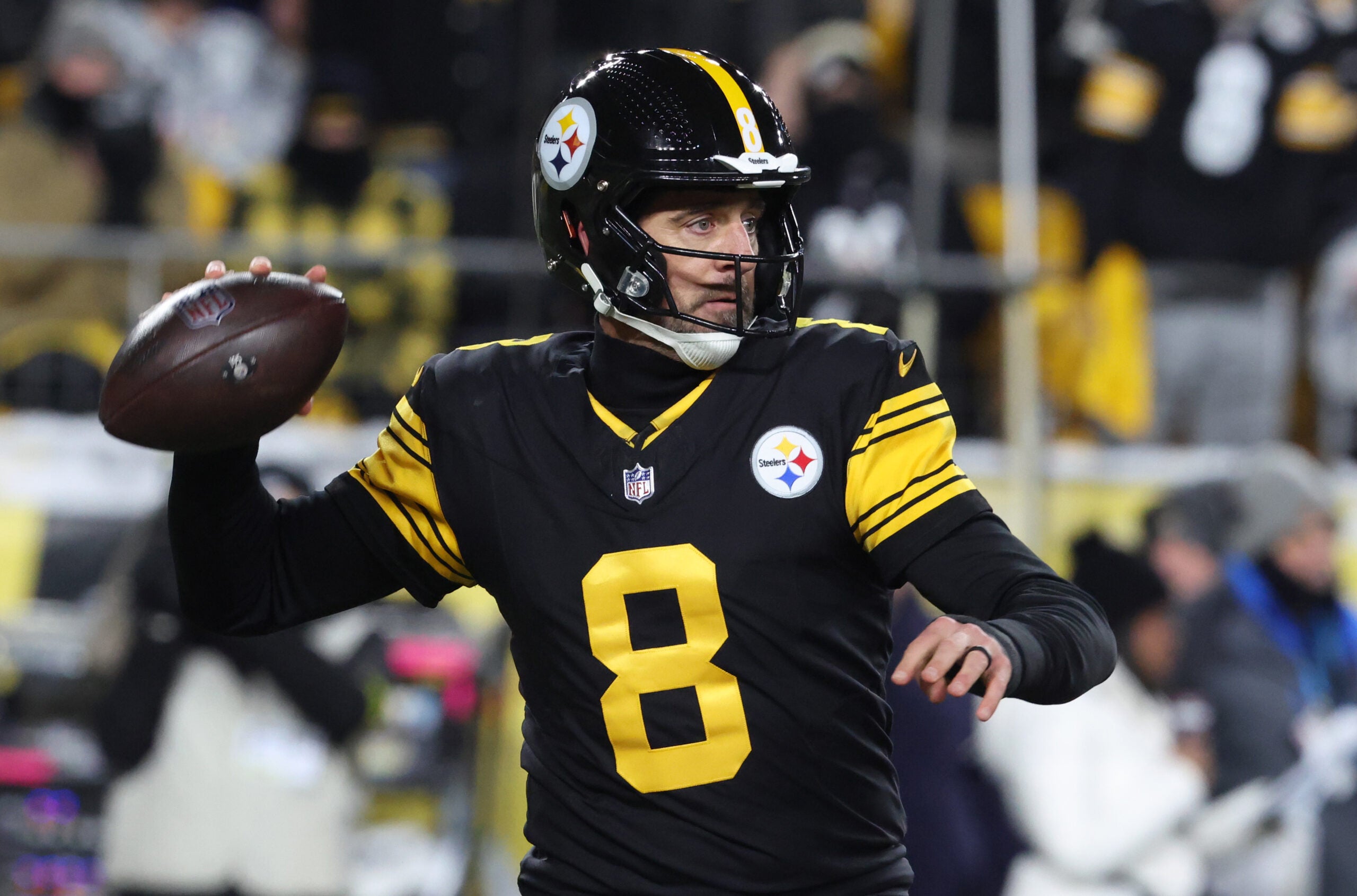Dec 15, 2025; Pittsburgh, Pennsylvania, USA; Pittsburgh Steelers quarterback Aaron Rodgers (8) looks to throw in the second quarter against the Miami Dolphins at Acrisure Stadium.