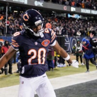 Dec 20, 2025; Chicago, Illinois, USA; Chicago Bears wide receiver Jahdae Walker (20) celebrates after catching a six-yard touchdown pass thrown by quarterback Caleb Williams (not pictured) against the Green Bay Packers with twenty-four seconds remaining in the fourth quarter at Soldier Field.