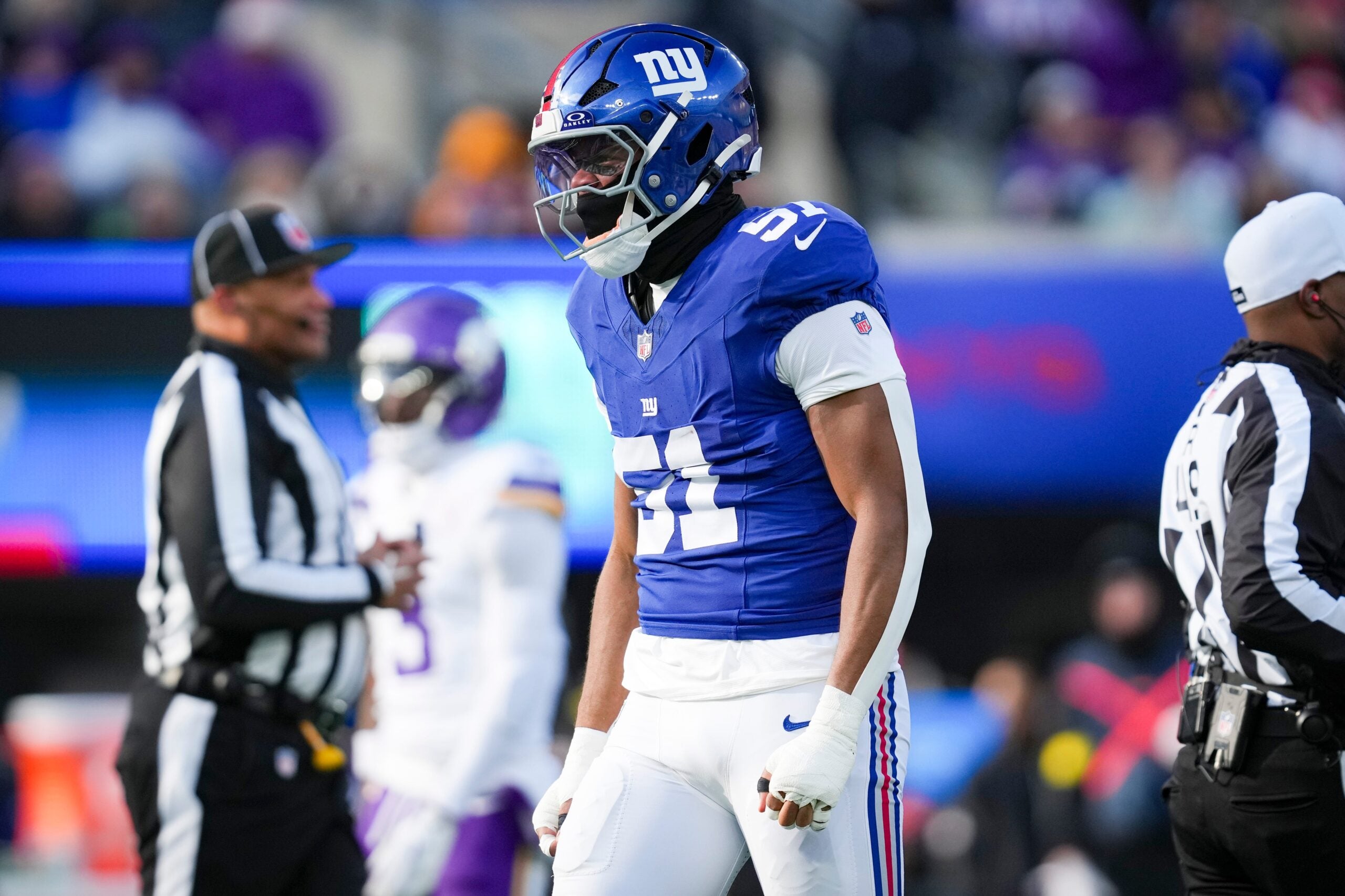 New York Giants linebacker Abdul Carter (51) celebrates after a play during a game against the Minnesota Vikings at MetLife Stadium, Dec 21, 2025, East Rutherford, NJ, USA