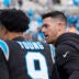 Dec 21, 2025; Charlotte, North Carolina, USA; Carolina Panthers head coach Dave Canales greets quarterback Bryce Young (9) after a win against the Tampa Bay Buccaneers at Bank of America Stadium.