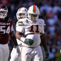 Dec 20, 2025; College Station, TX, USA; Miami Hurricanes defensive lineman David Blay Jr. (11) looks on during the game between the Aggies and the Hurricanes at Kyle Field.