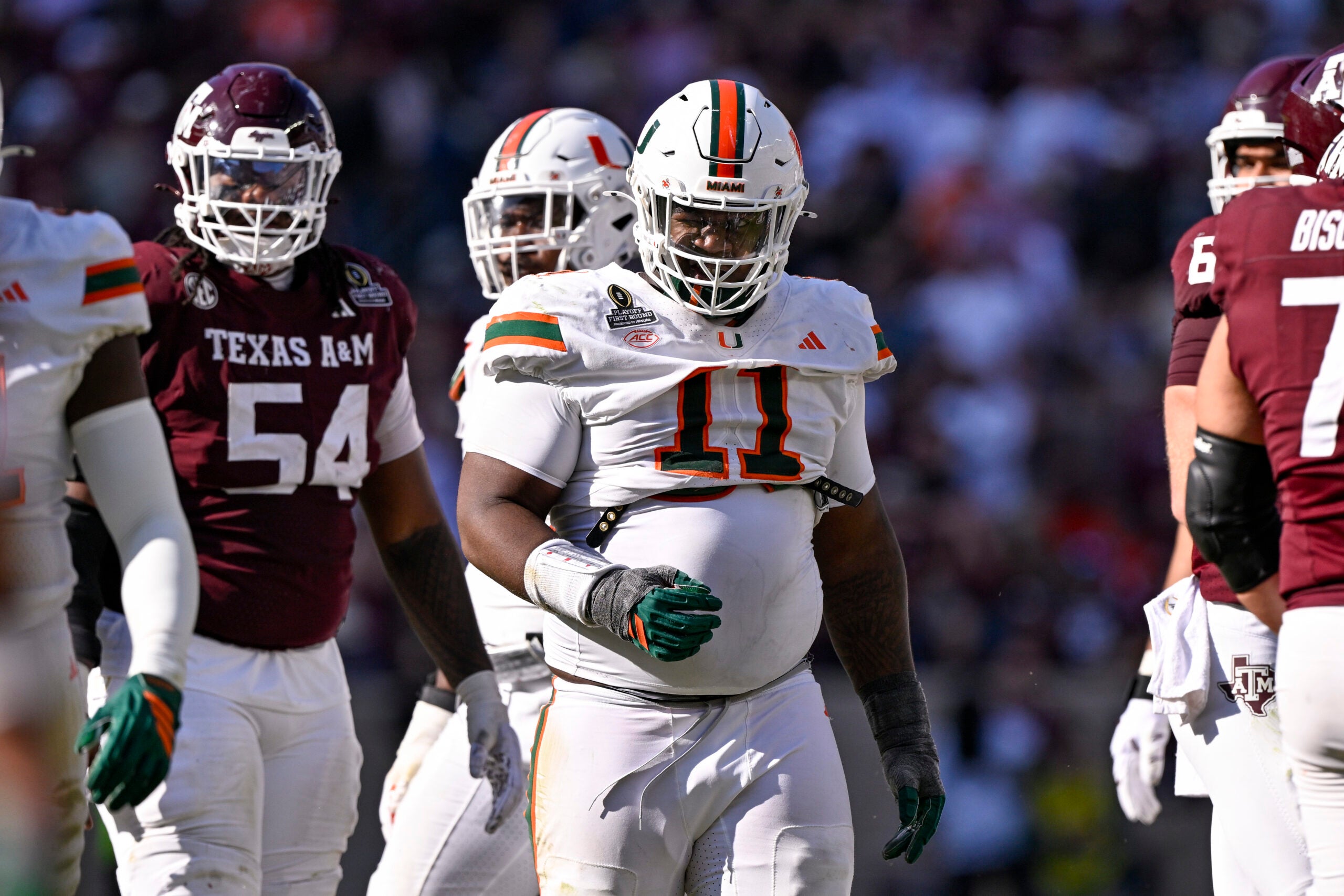 Dec 20, 2025; College Station, TX, USA; Miami Hurricanes defensive lineman David Blay Jr. (11) looks on during the game between the Aggies and the Hurricanes at Kyle Field.