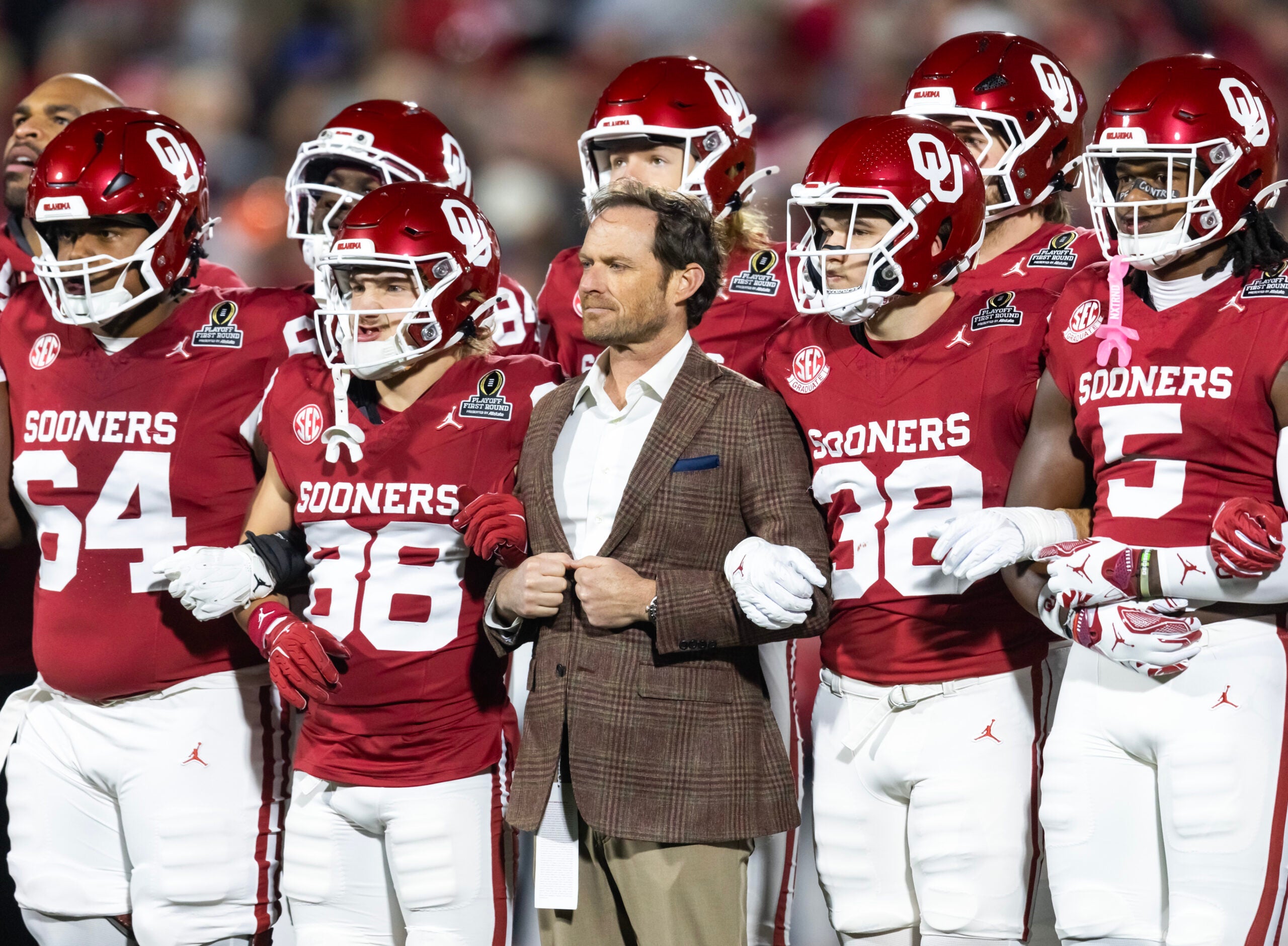Dec 19, 2025; Norman, OK, USA; Oklahoma Sooners general manager of football Jim Nagy against the Alabama Crimson Tide during the CFP National Playoff First Round at Gaylord Family Oklahoma Memorial Stadium. Mandatory Credit: Mark J. Rebilas-Imagn Images