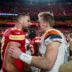 Dec 25, 2025; Kansas City, Missouri, USA; Denver Broncos quarterback Bo Nix (10) and Kansas City Chiefs tight end Travis Kelce (87) after the game at GEHA Field at Arrowhead Stadium.