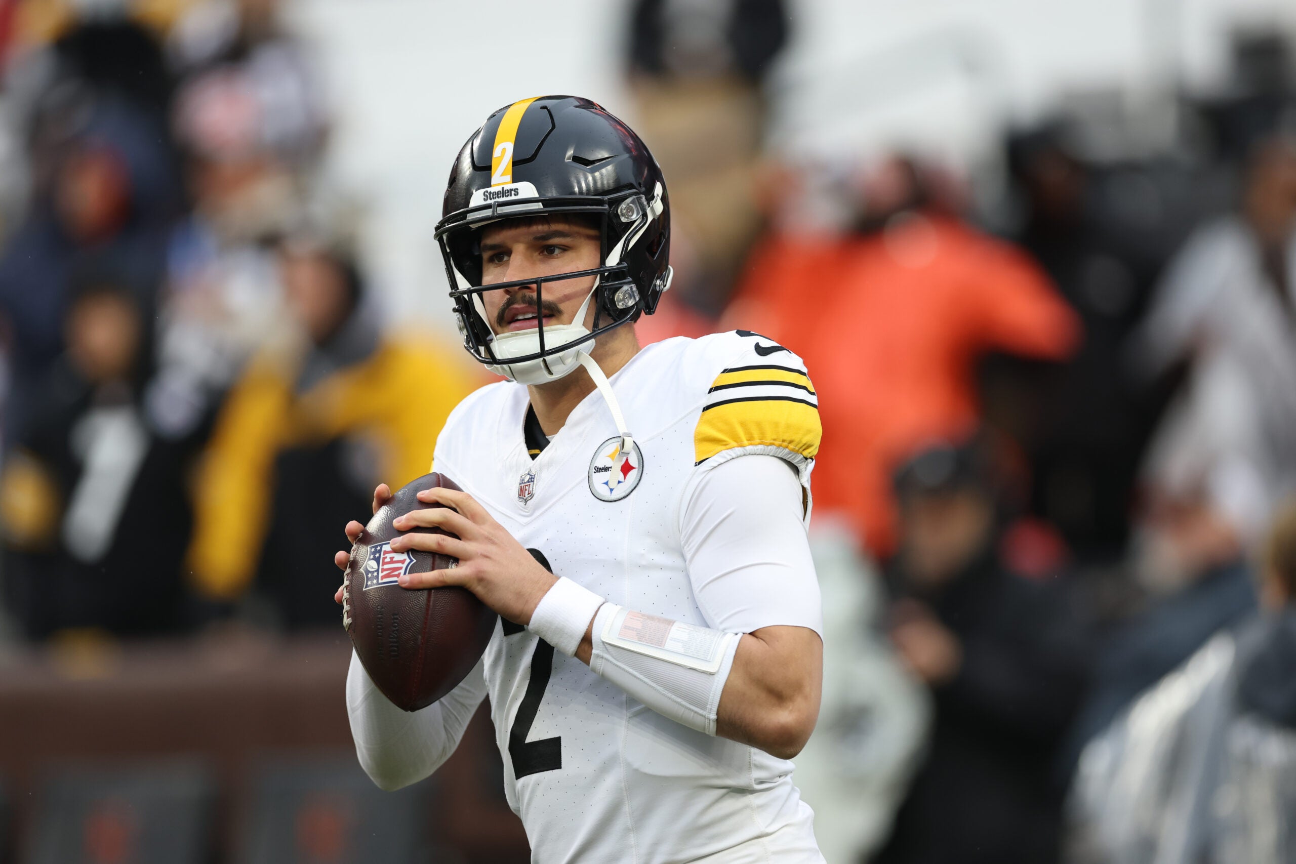 Dec 28, 2025; Cleveland, Ohio, USA; Pittsburgh Steelers quarterback Mason Rudolph (2) warms up before the game against the Cleveland Browns at Huntington Bank Field.