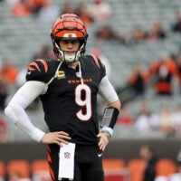 Dec 28, 2025; Cincinnati, Ohio, USA; Cincinnati Bengals quarterback Joe Burrow (9) warms up before a game against the Arizona Cardinals at Paycor Stadium.