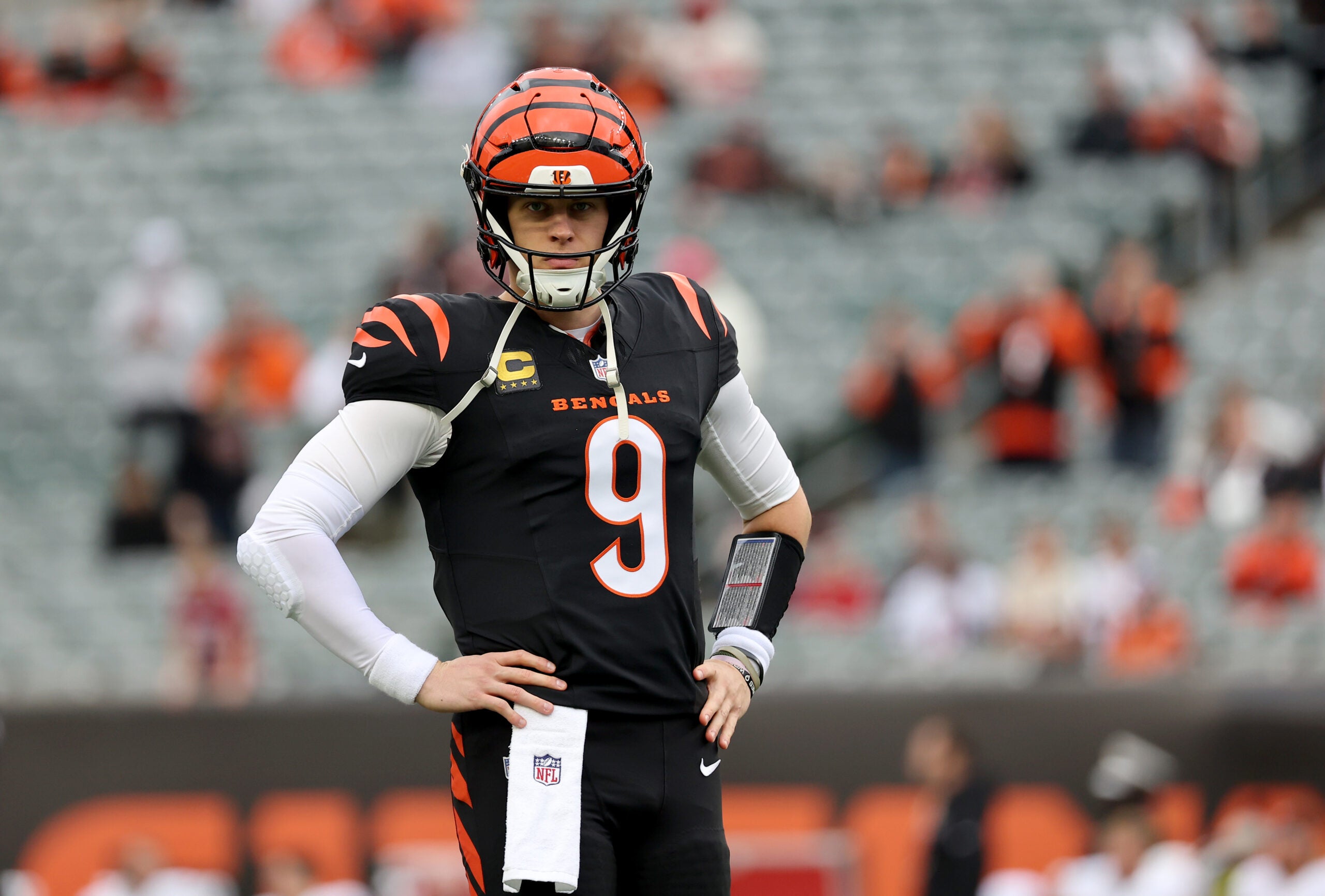 Dec 28, 2025; Cincinnati, Ohio, USA; Cincinnati Bengals quarterback Joe Burrow (9) warms up before a game against the Arizona Cardinals at Paycor Stadium.
