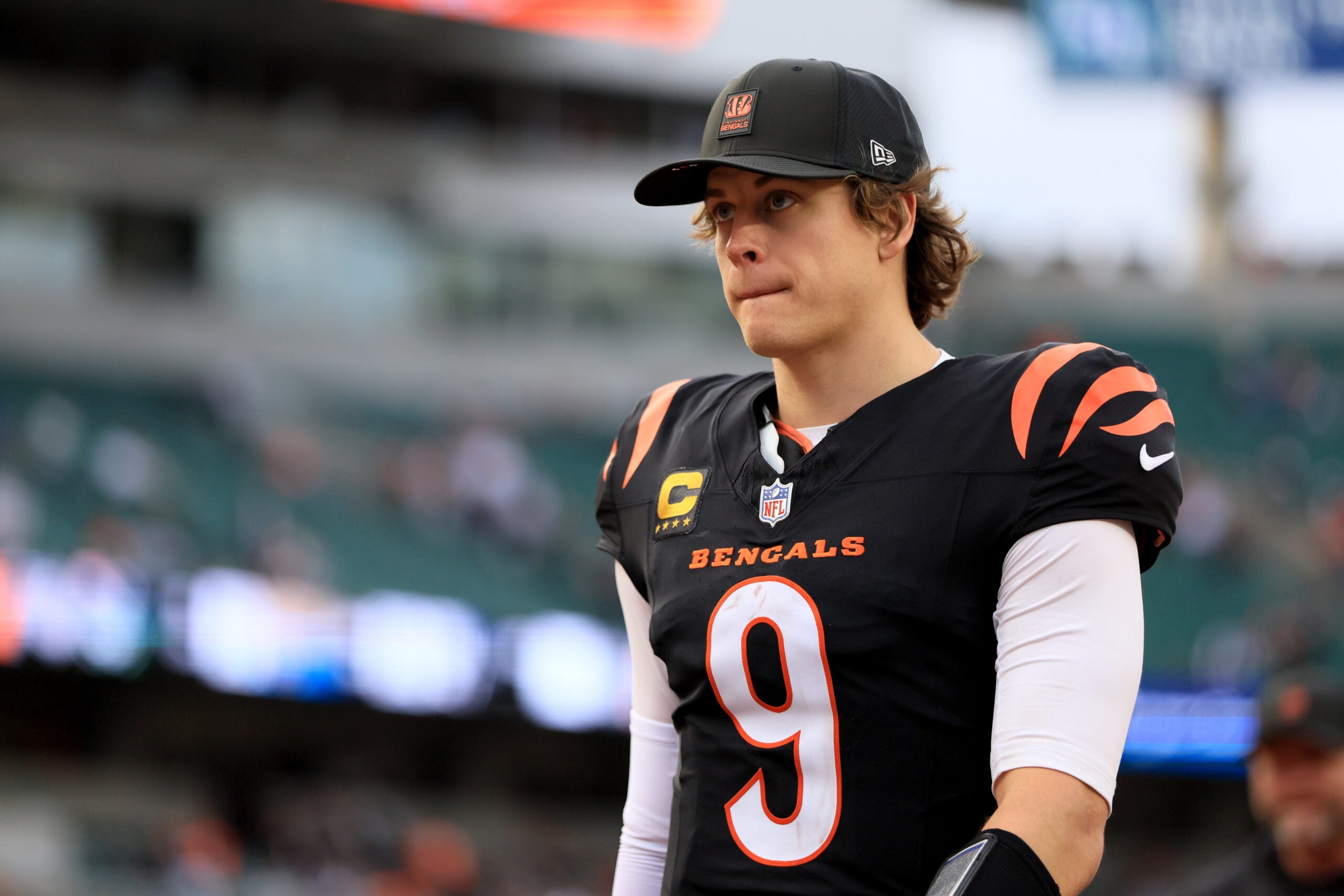 Dec 28, 2025; Cincinnati, Ohio, USA; Cincinnati Bengals quarterback Joe Burrow (9) leaves the field after a game against the Arizona Cardinals at Paycor Stadium.