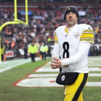 Dec 28, 2025; Cleveland, Ohio, USA; Pittsburgh Steelers quarterback Aaron Rodgers (8) looks on after the game against the Cleveland Browns at Huntington Bank Field.