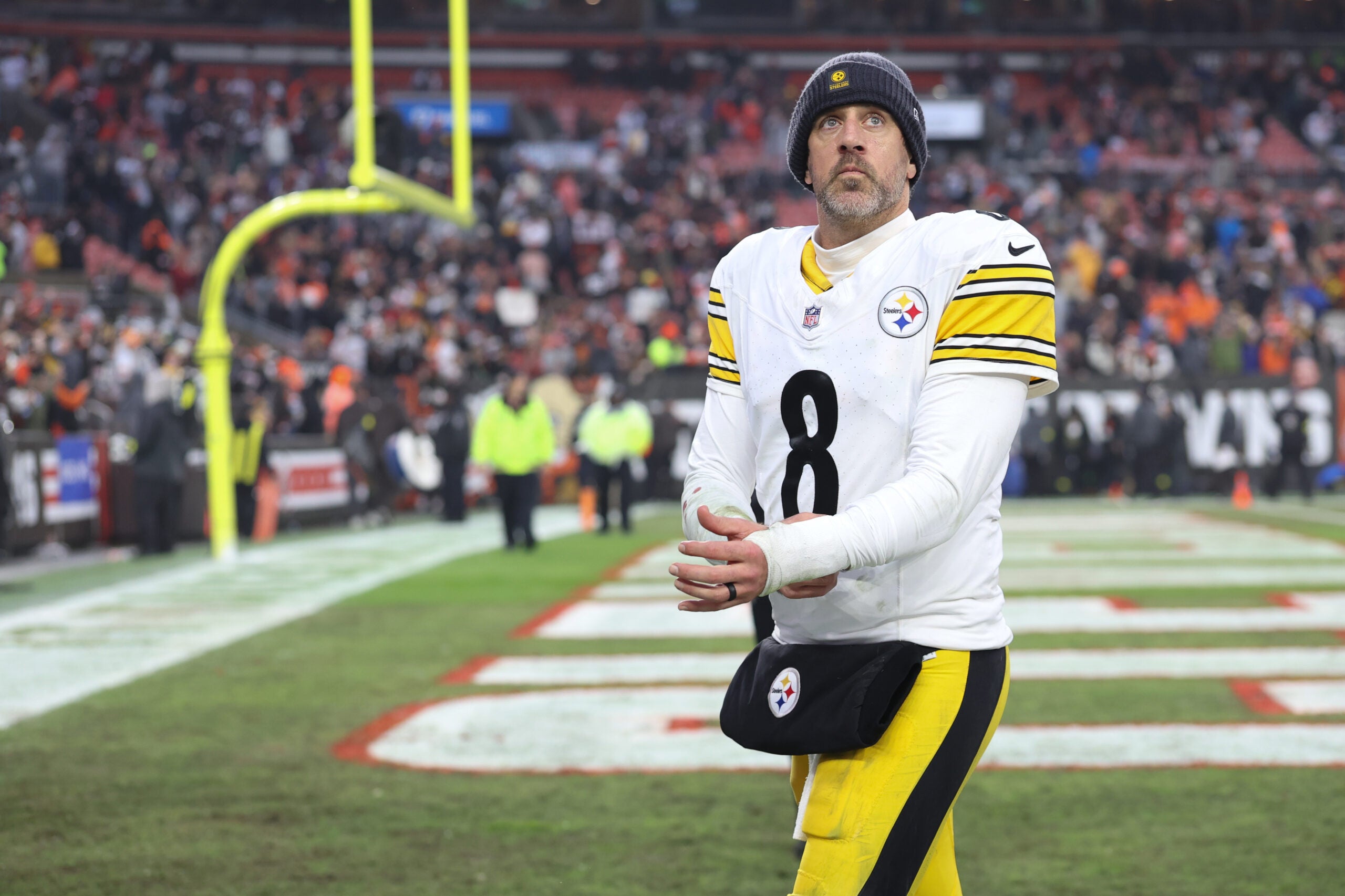 Dec 28, 2025; Cleveland, Ohio, USA; Pittsburgh Steelers quarterback Aaron Rodgers (8) looks on after the game against the Cleveland Browns at Huntington Bank Field.