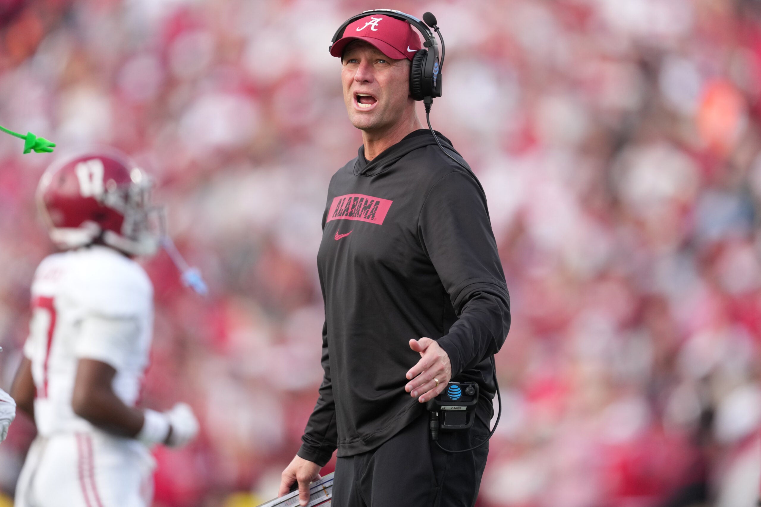 Jan 1, 2026; Pasadena, CA, USA; Alabama Crimson Tide head coach Kalen DeBoer looks on in the second half against the Indiana Hoosiers in the 2026 Rose Bowl and quarterfinal game of the College Football Playoff at Rose Bowl Stadium.