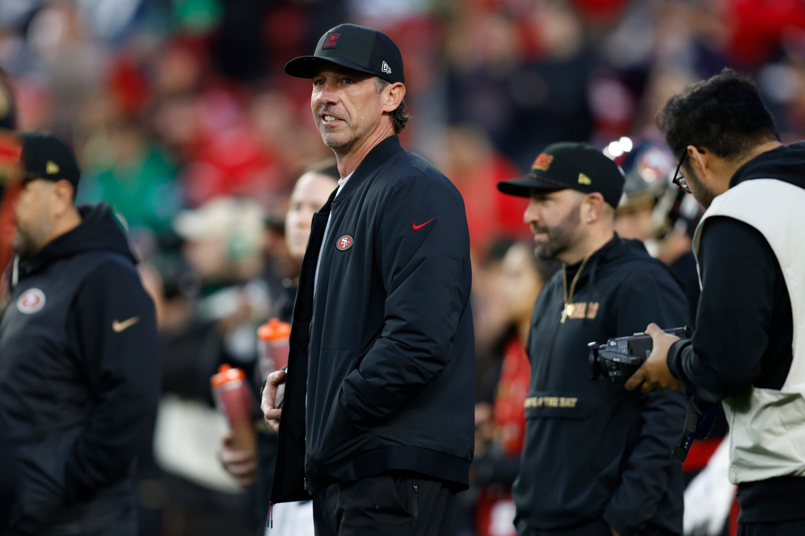 Jan 3, 2026; Santa Clara, California, USA; San Francisco 49ers head coach Kyle Shanahan before the game at Levi's Stadium.