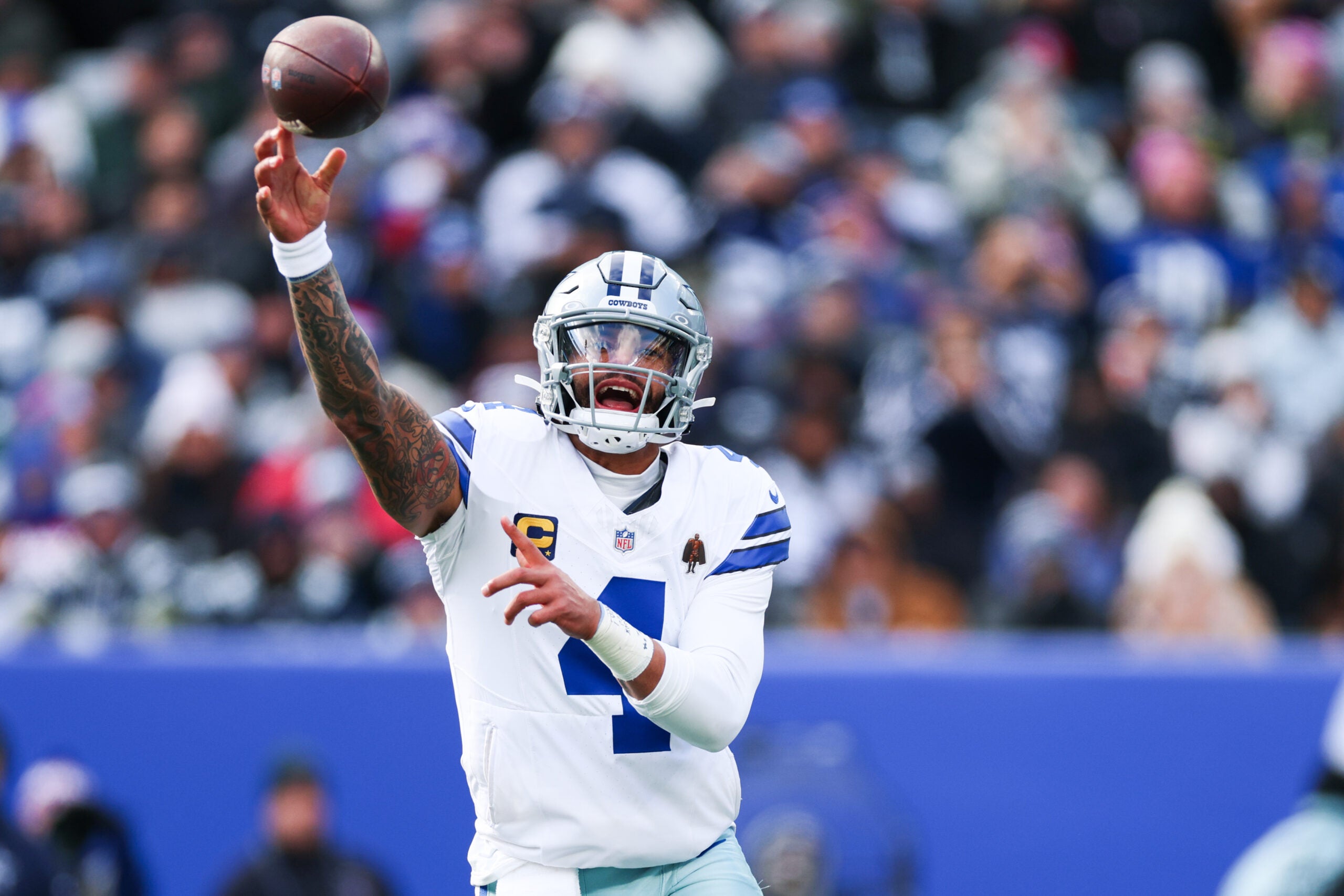 Jan 4, 2026; East Rutherford, New Jersey, USA; Dallas Cowboys quarterback Dak Prescott (4) throws a pass during the second quarter against the New York Giants at MetLife Stadium.