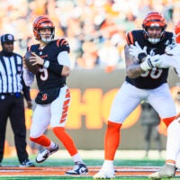 Jan 4, 2026; Cincinnati, Ohio, USA; Cincinnati Bengals quarterback Joe Burrow (9) looks to pass against the Cleveland Browns during the second quarter at Paycor Stadium.