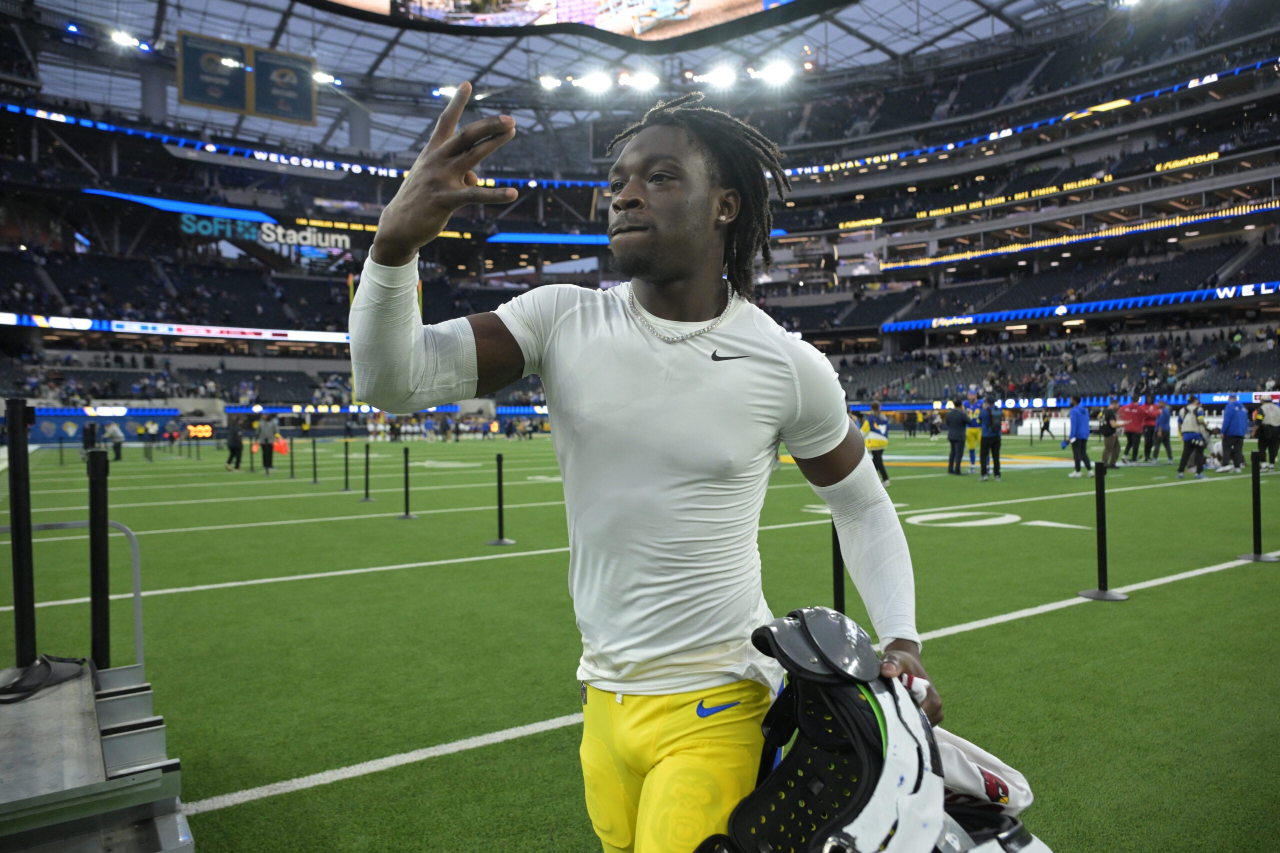 Jan 4, 2026; Inglewood, California, USA; Los Angeles Rams cornerback Derion Kendrick (21) leaves the field following a game against the Arizona Cardinals at SoFi Stadium.