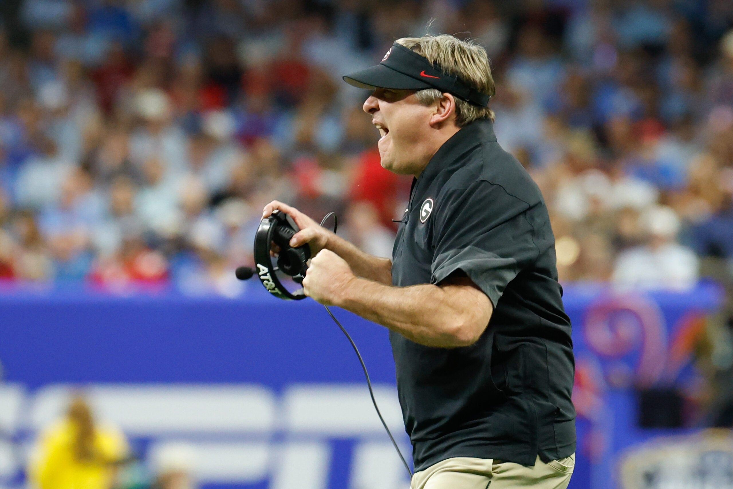 Jan 1, 2026; New Orleans, LA, USA; Georgia Bulldogs head coach Kirby Smart celebrates after a touchdown against the Mississippi Rebels in the second quarter during the 2026 Sugar Bowl and quarterfinal game of the College Football Playoff at Caesars Superdome.