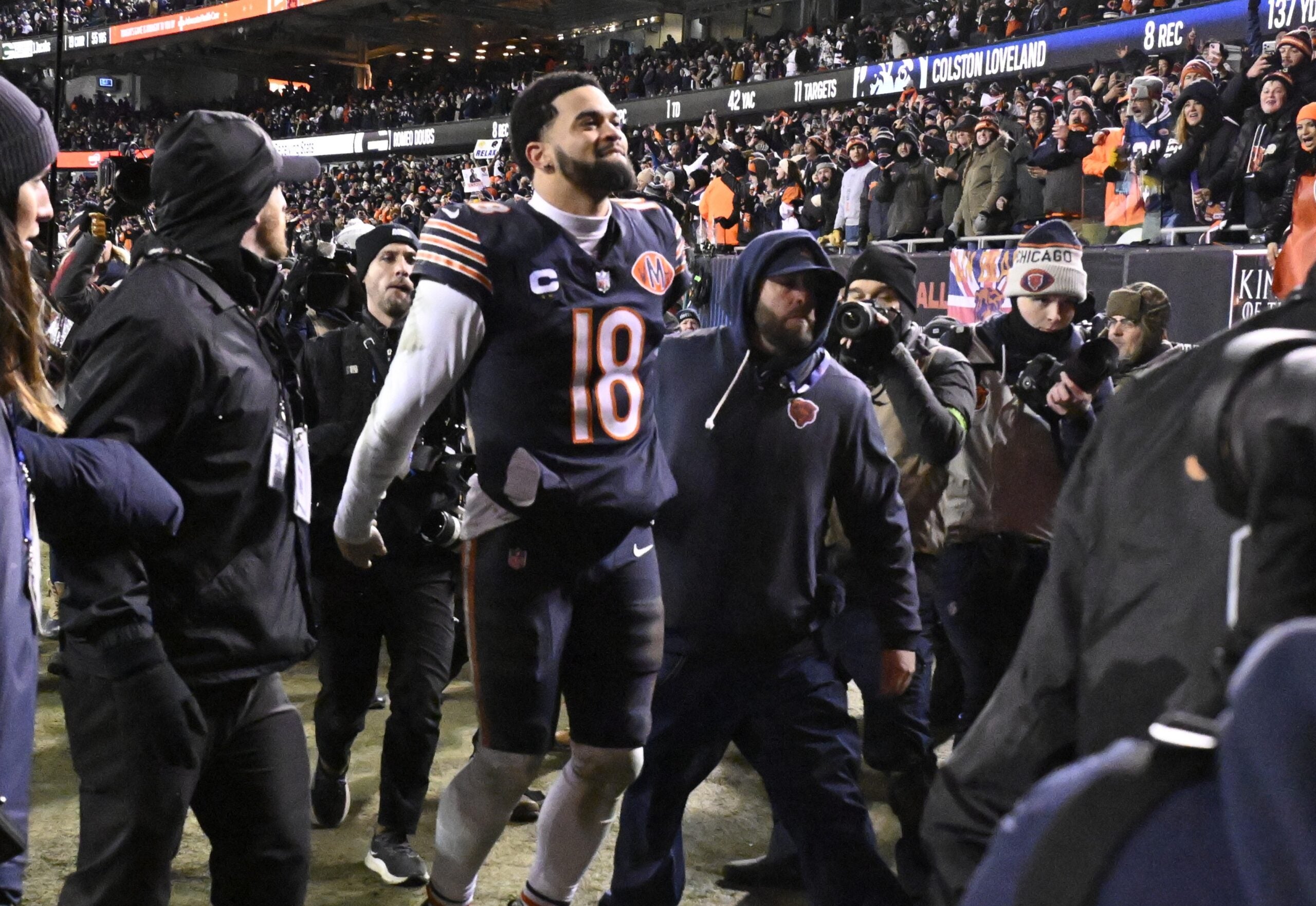 Jan 10, 2026; Chicago, IL, USA; Chicago Bears quarterback Caleb Williams (18) leaves the field following a game against the Green Bay Packers in an NFC Wild Card Round game at Soldier Field.