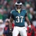 Jan 11, 2026; Philadelphia, PA, USA; Philadelphia Eagles running back Tank Bigsby (37) celebrates first down against the San Francisco 49ers during the second quarter in an NFC Wild Card Round game at Lincoln Financial Field.