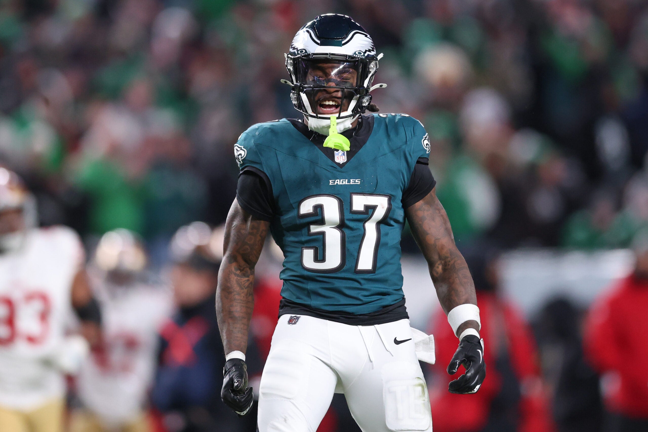 Jan 11, 2026; Philadelphia, PA, USA; Philadelphia Eagles running back Tank Bigsby (37) celebrates first down against the San Francisco 49ers during the second quarter in an NFC Wild Card Round game at Lincoln Financial Field.