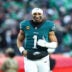 Jan 11, 2026; Philadelphia, PA, USA; Philadelphia Eagles quarterback Jalen Hurts (1) after the anthem against the San Francisco 49ers in an NFC Wild Card Round game at Lincoln Financial Field.